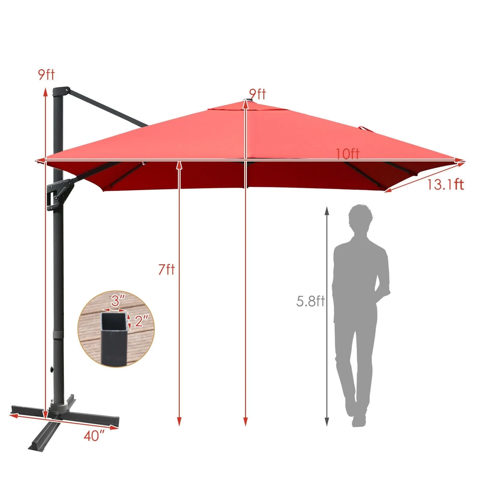 10 x 13ft Rectangular Cantilever Umbrella - Orange