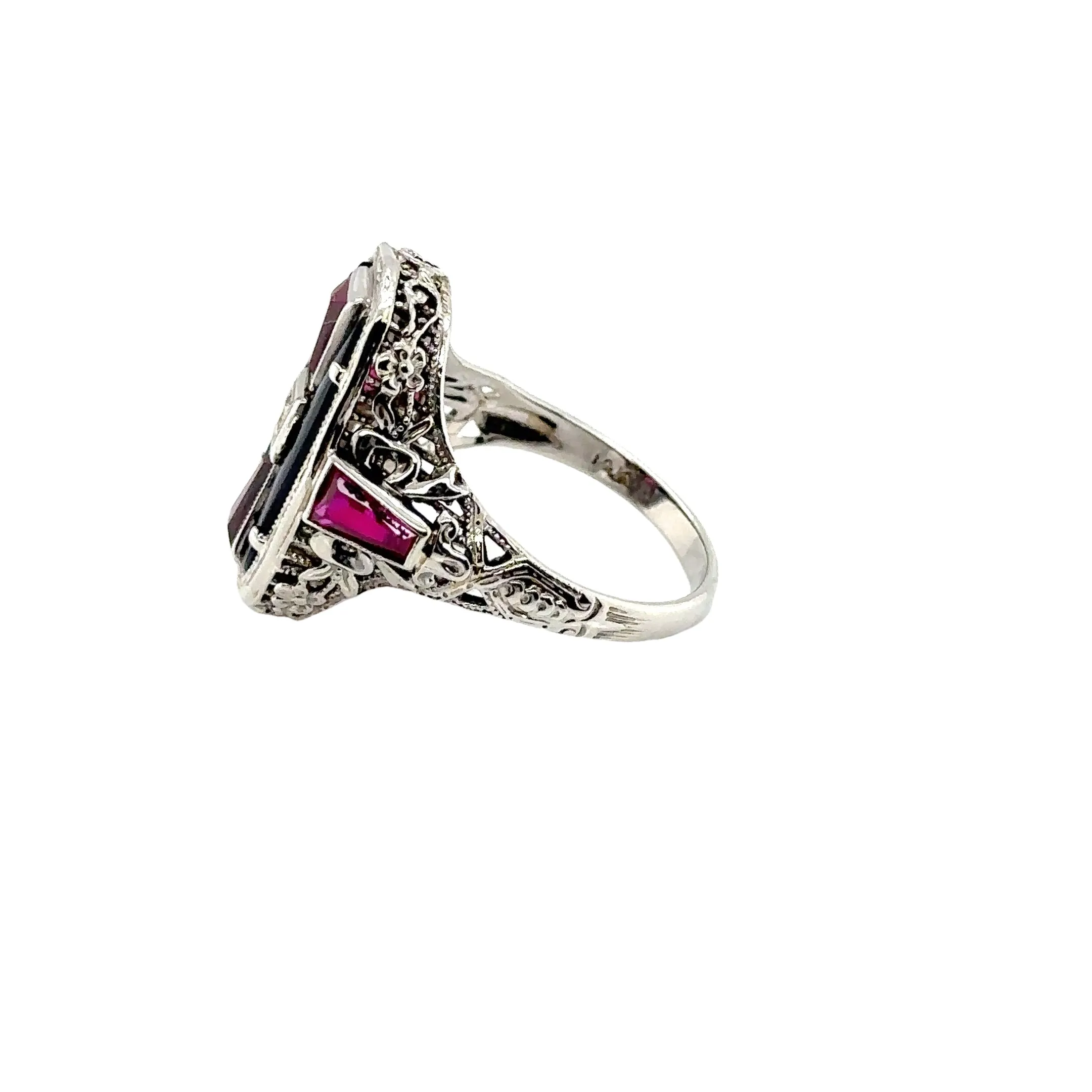 14KW Custom Estate Onyx, Diamond & Lab Rubies Fashion Ring