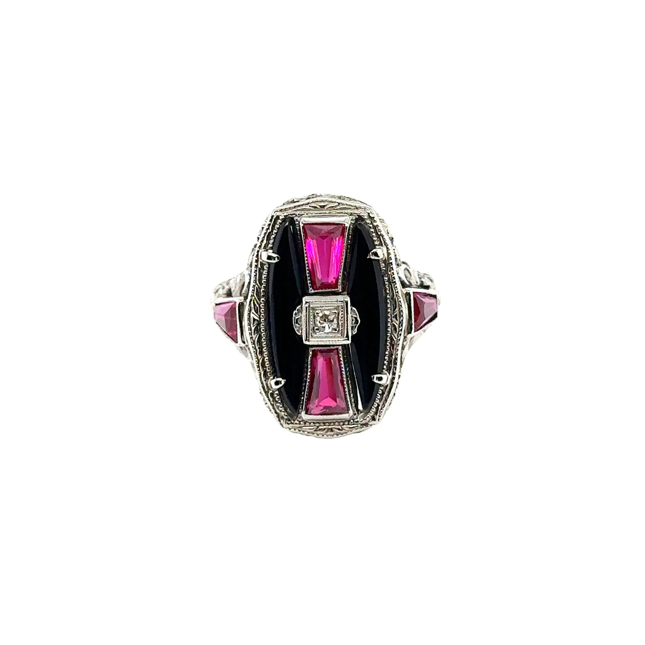 14KW Custom Estate Onyx, Diamond & Lab Rubies Fashion Ring