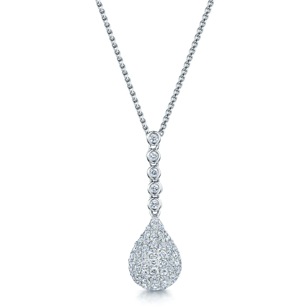 18ct White Gold Pave Set Teardrop Diamond Drop Necklace