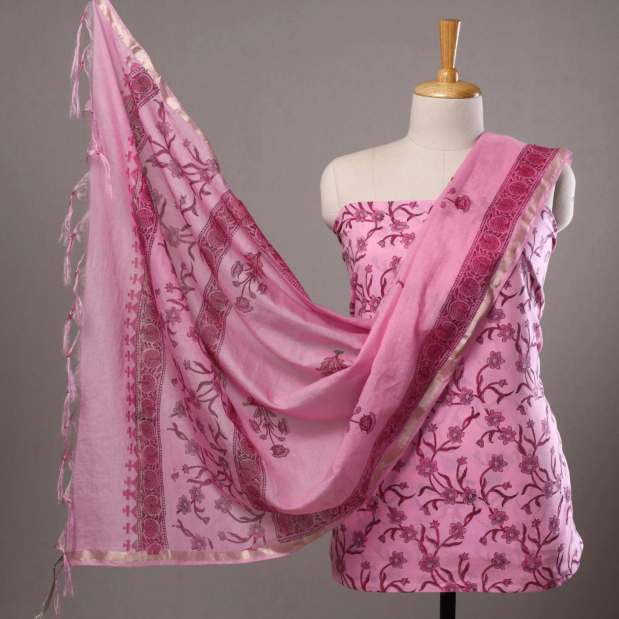 3pc Sanganeri Block Printed Cotton Suit Material with Chanderi Silk Dupatta 05