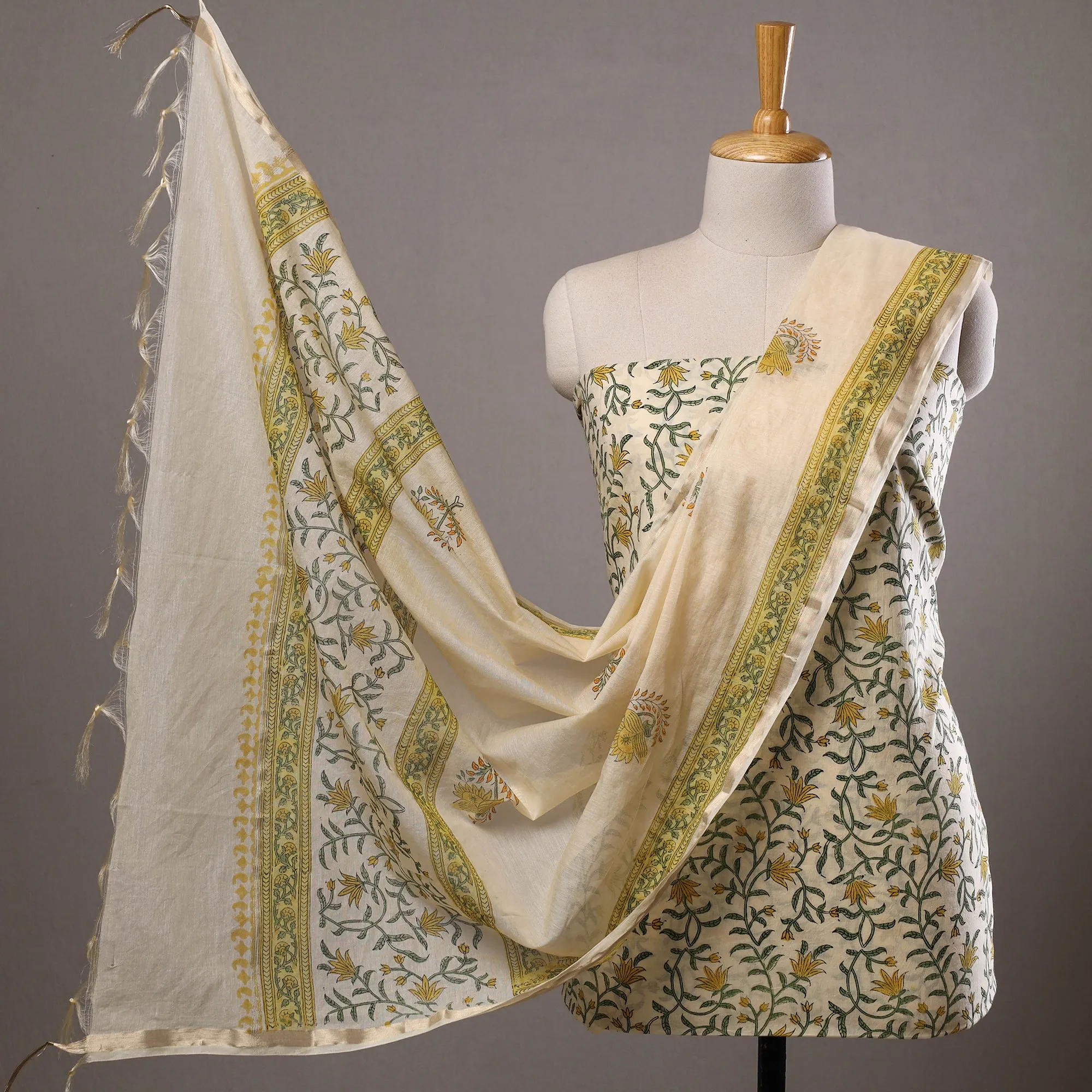 3pc Sanganeri Block Printed Cotton Suit Material with Chanderi Silk Dupatta 13