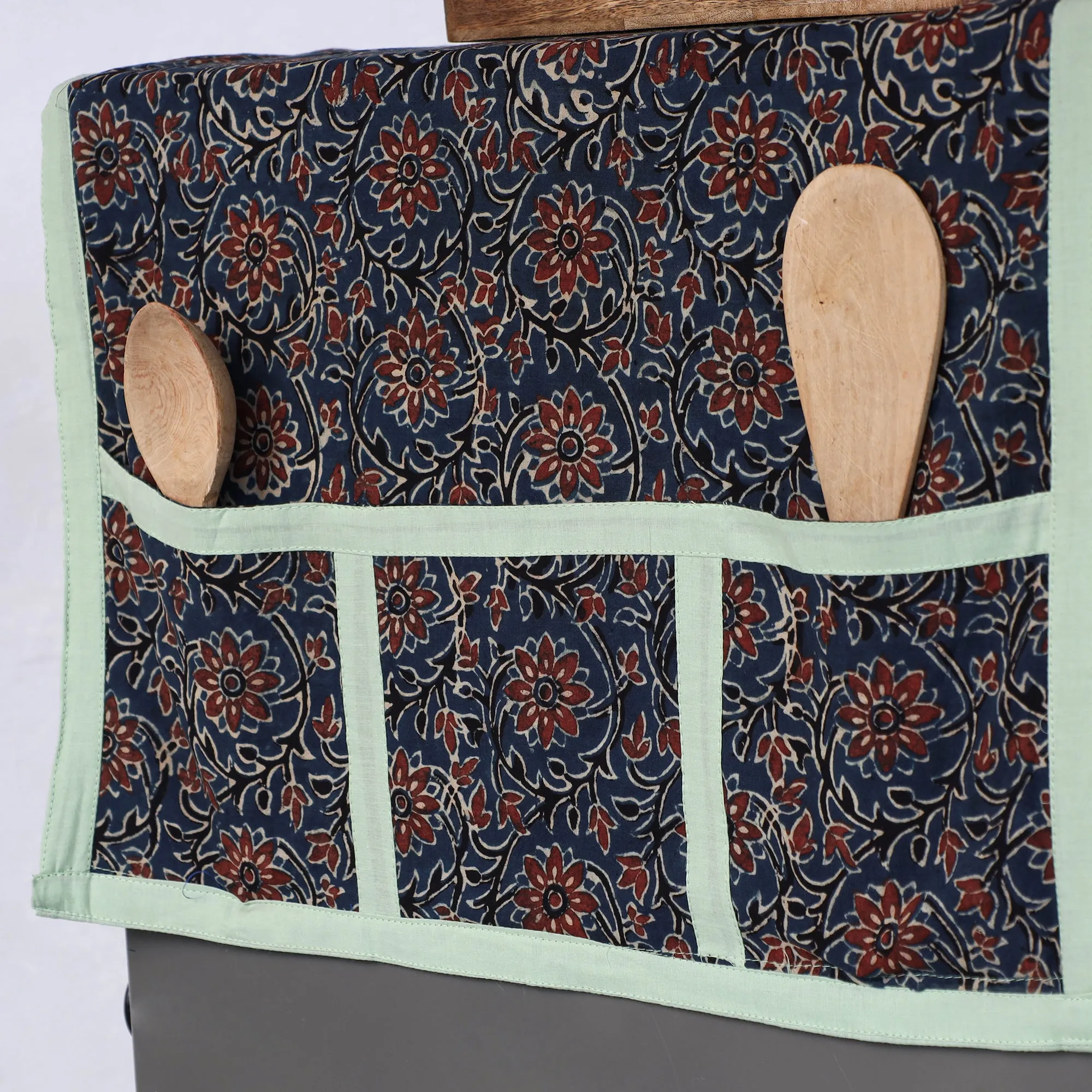 Ajrakh Block Printed Cotton Fridge Top Cover with Multiple Pockets