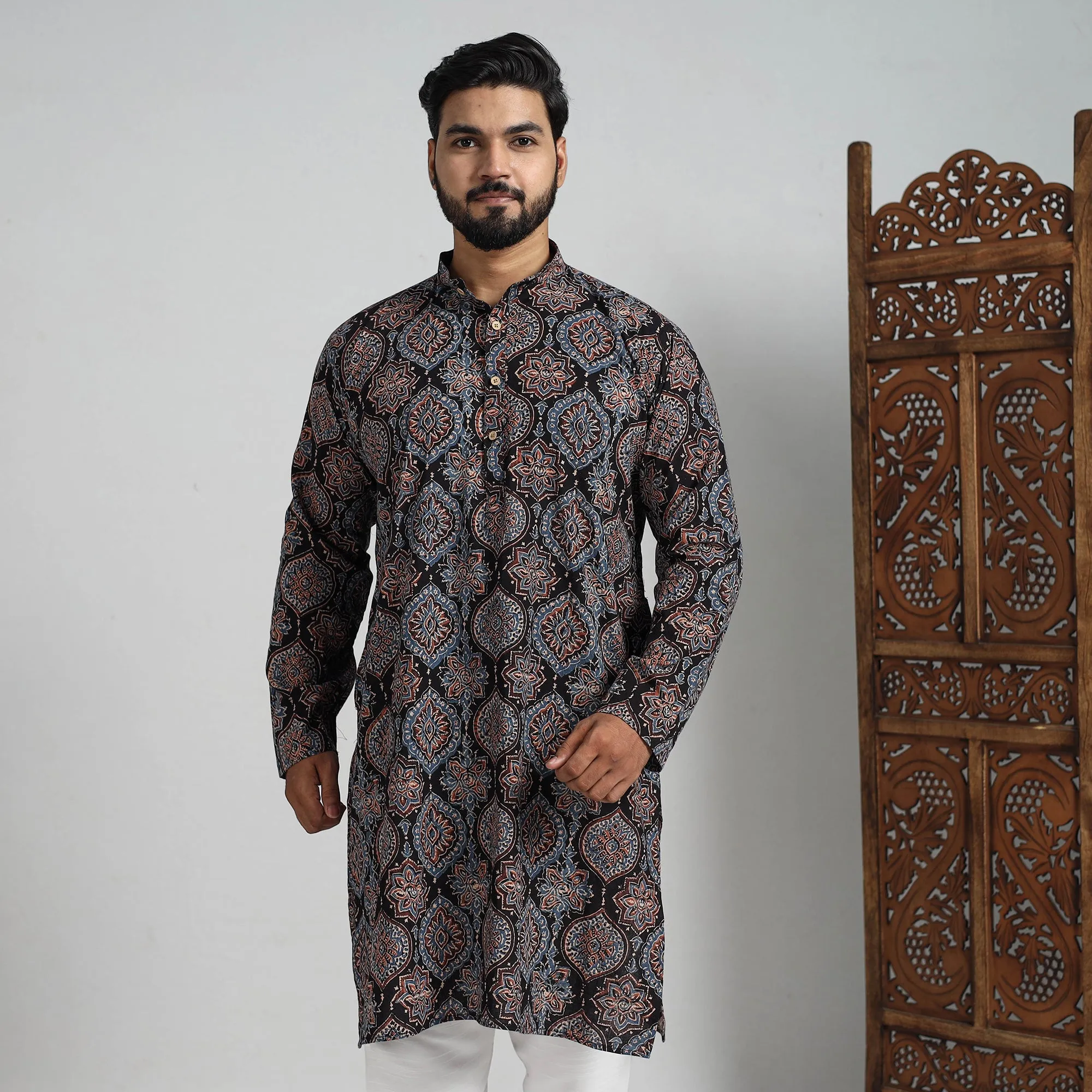 Ajrakh Block Printed Cotton Men Long Kurta 16