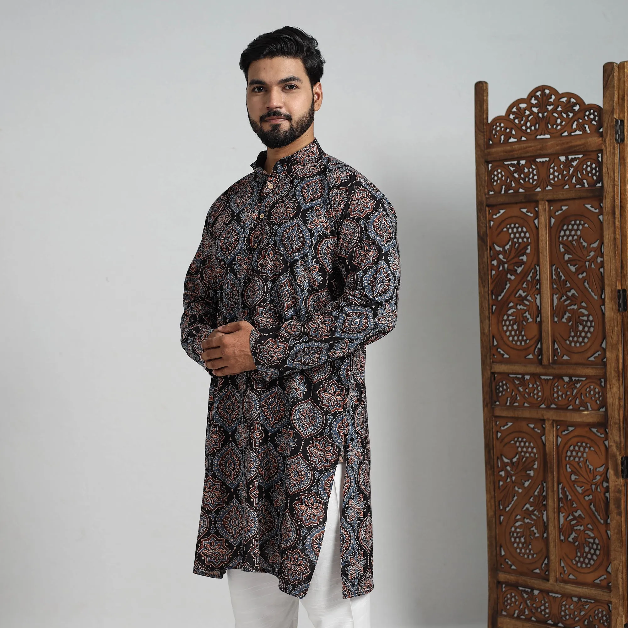 Ajrakh Block Printed Cotton Men Long Kurta 16