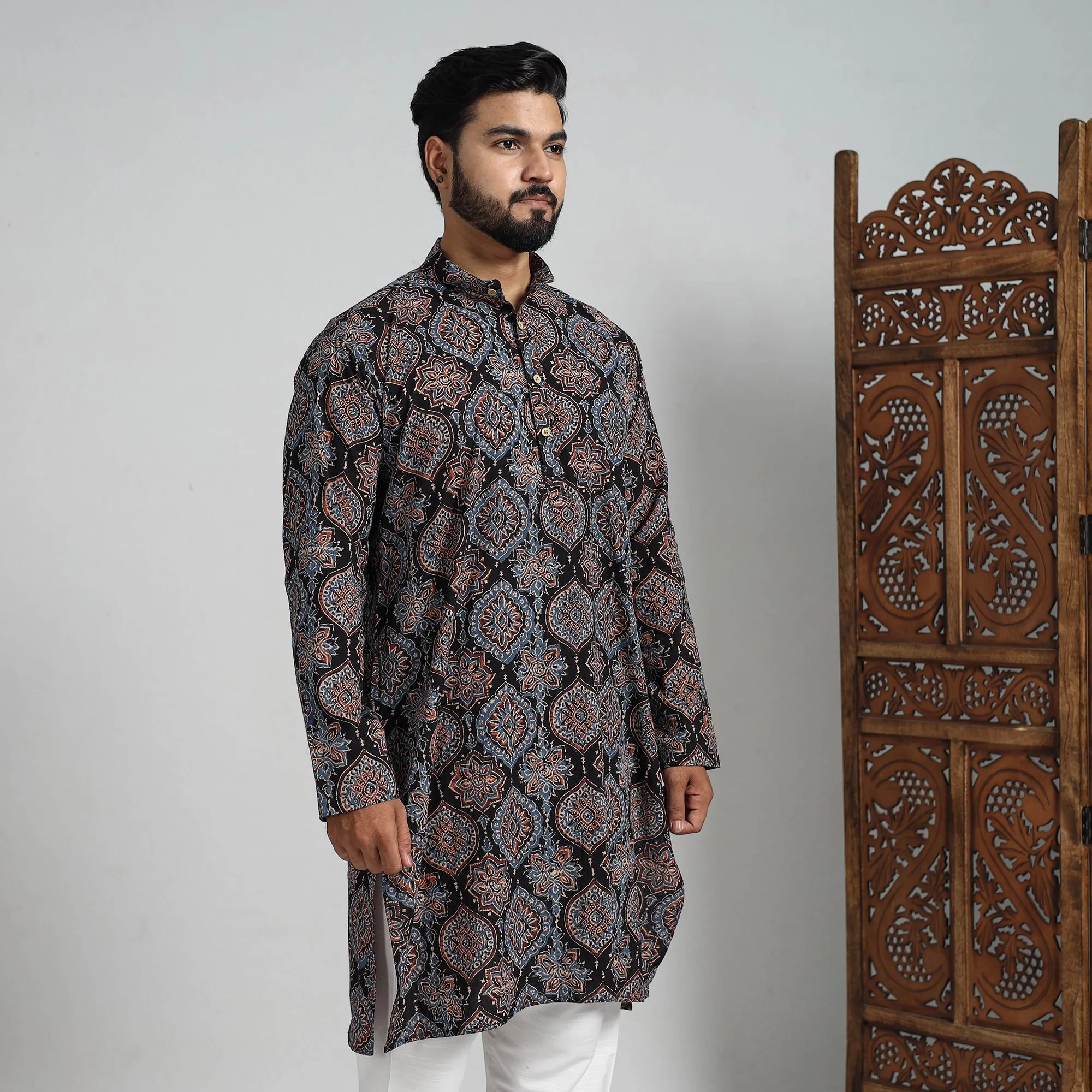 Ajrakh Block Printed Cotton Men Long Kurta 16