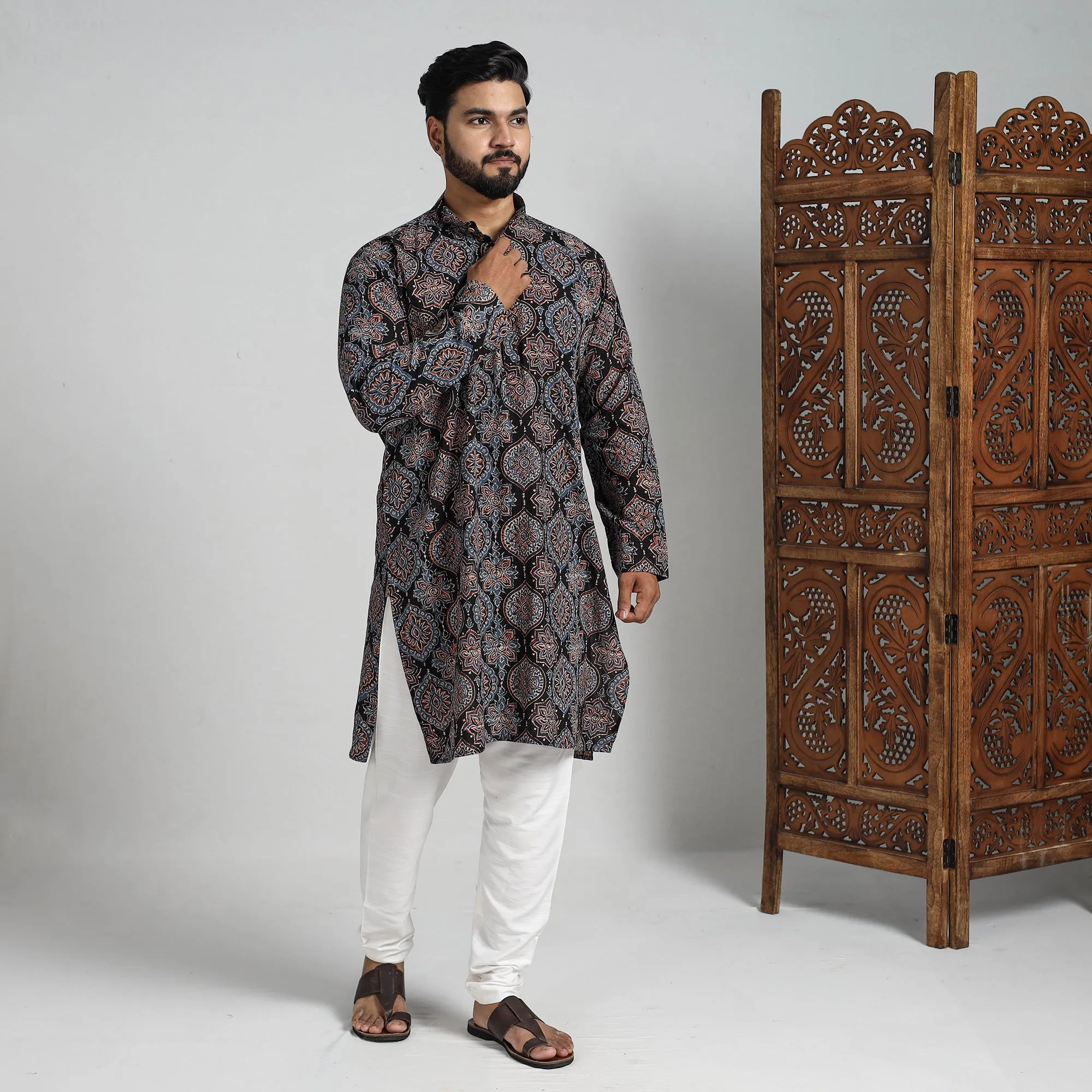 Ajrakh Block Printed Cotton Men Long Kurta 16