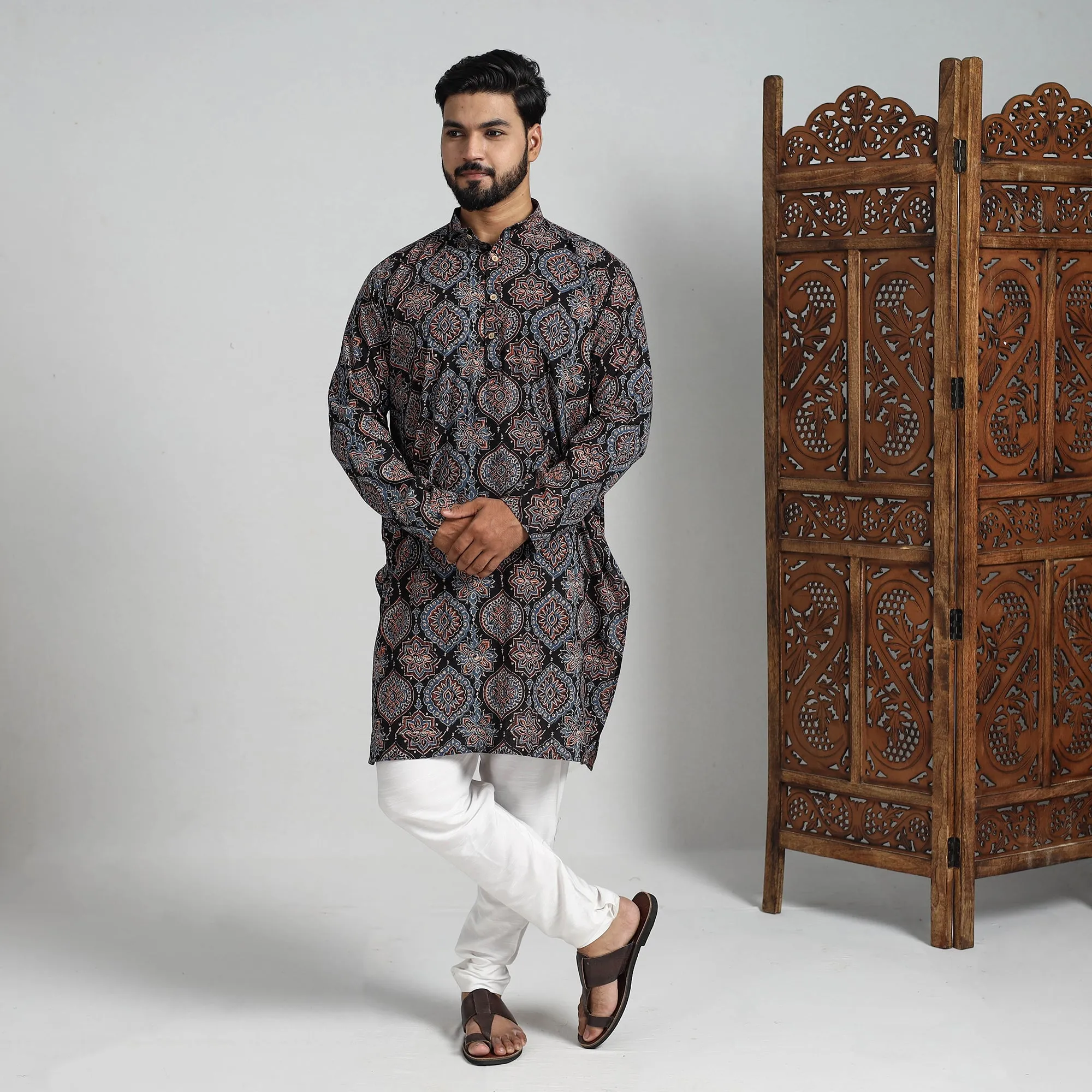 Ajrakh Block Printed Cotton Men Long Kurta 16