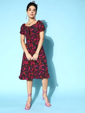 Berrylush Women Black & Pink Floral Printed Sweetheart Neck Front Tie-Up Ruffled A-Line Midi Dress