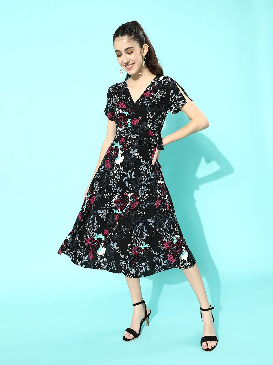 Berrylush Women Black Floral Printed V-Neck Slit-Sleeve Wrap Midi Dress