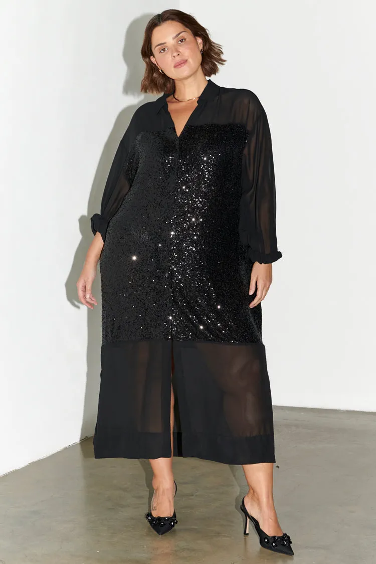 Black Sequin Lila Shirt Dress