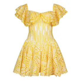 Boho Ruffled Off the Shoulder Smocked Back Broderie Anglaise Mini Dress