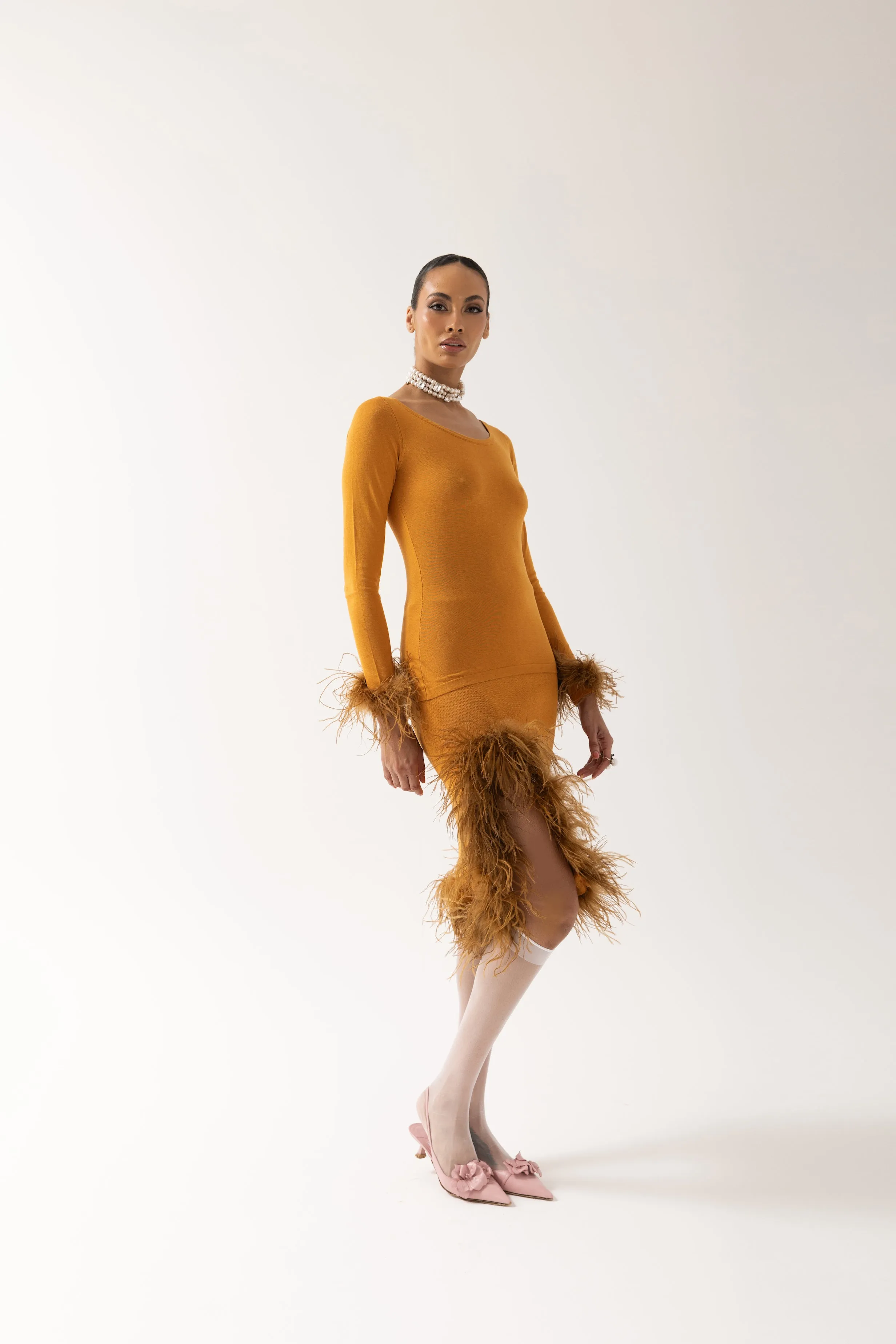 Camel Knit Skirt With Feathers