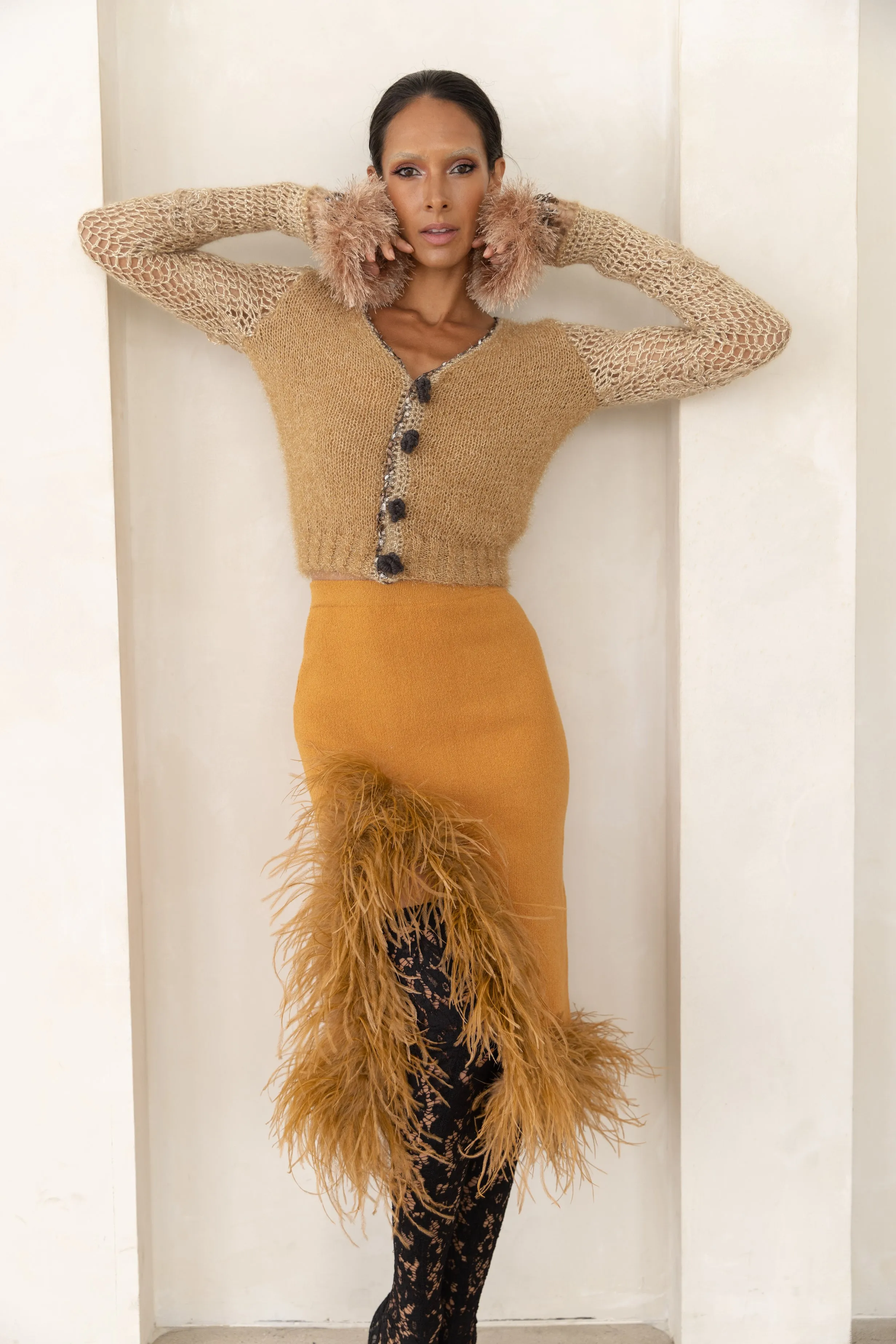 Camel Knit Skirt With Feathers