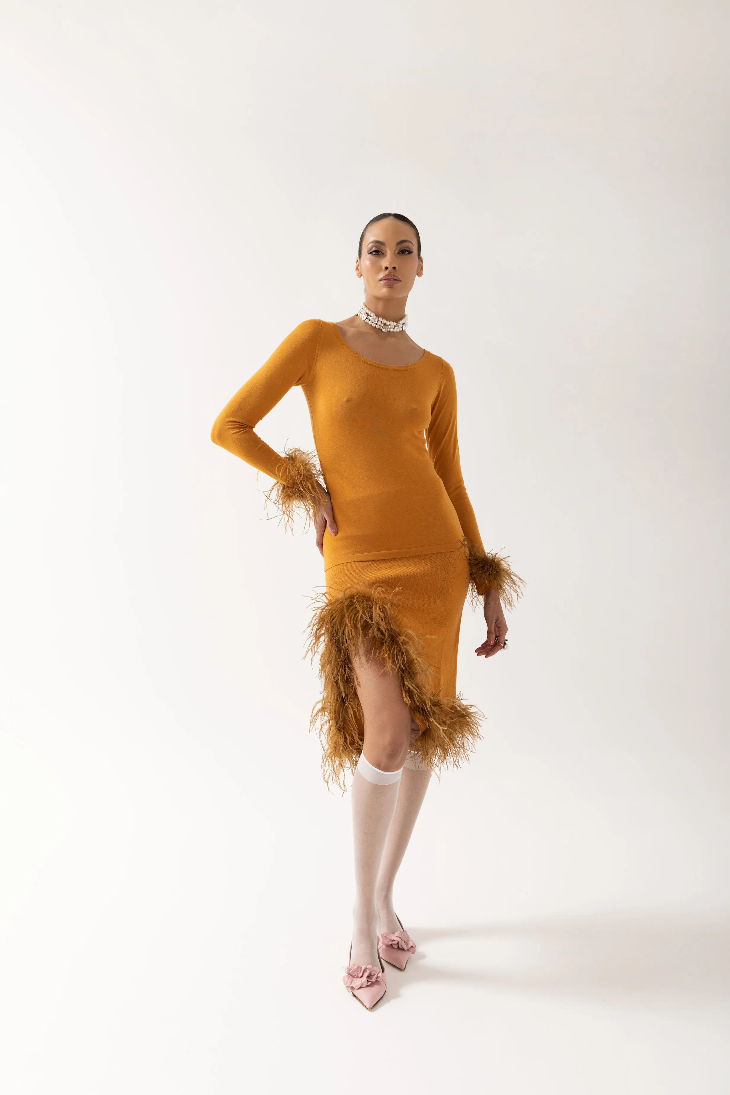 Camel Knit Skirt With Feathers