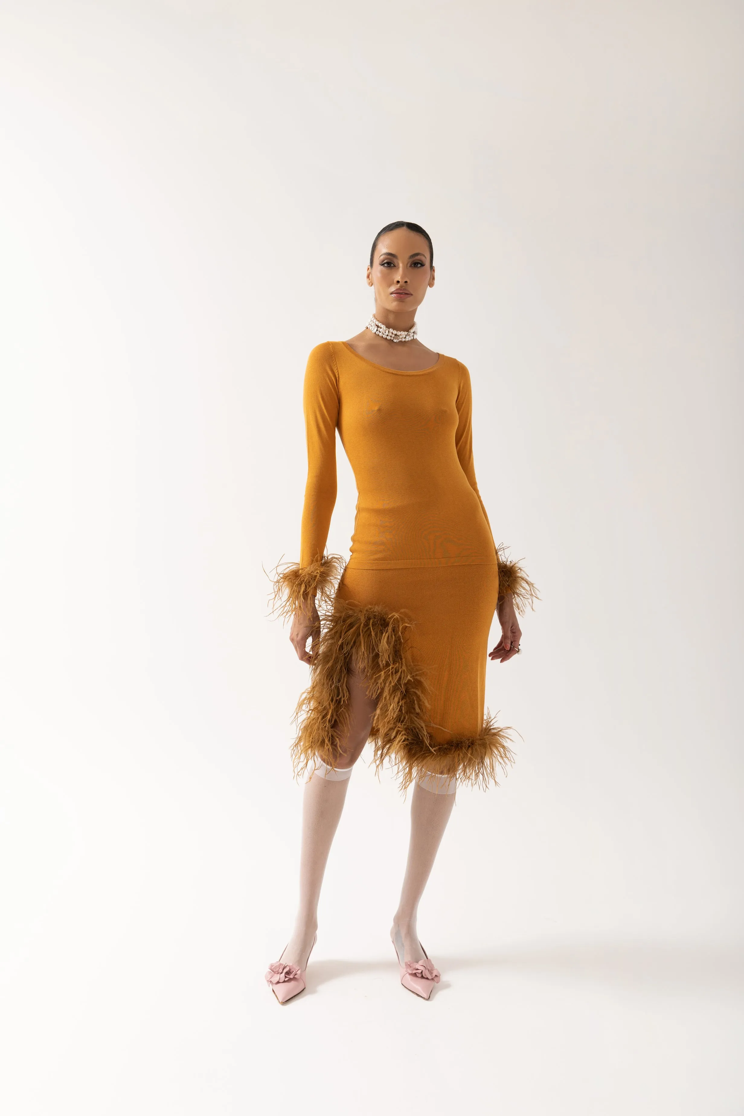 Camel Knit Skirt With Feathers