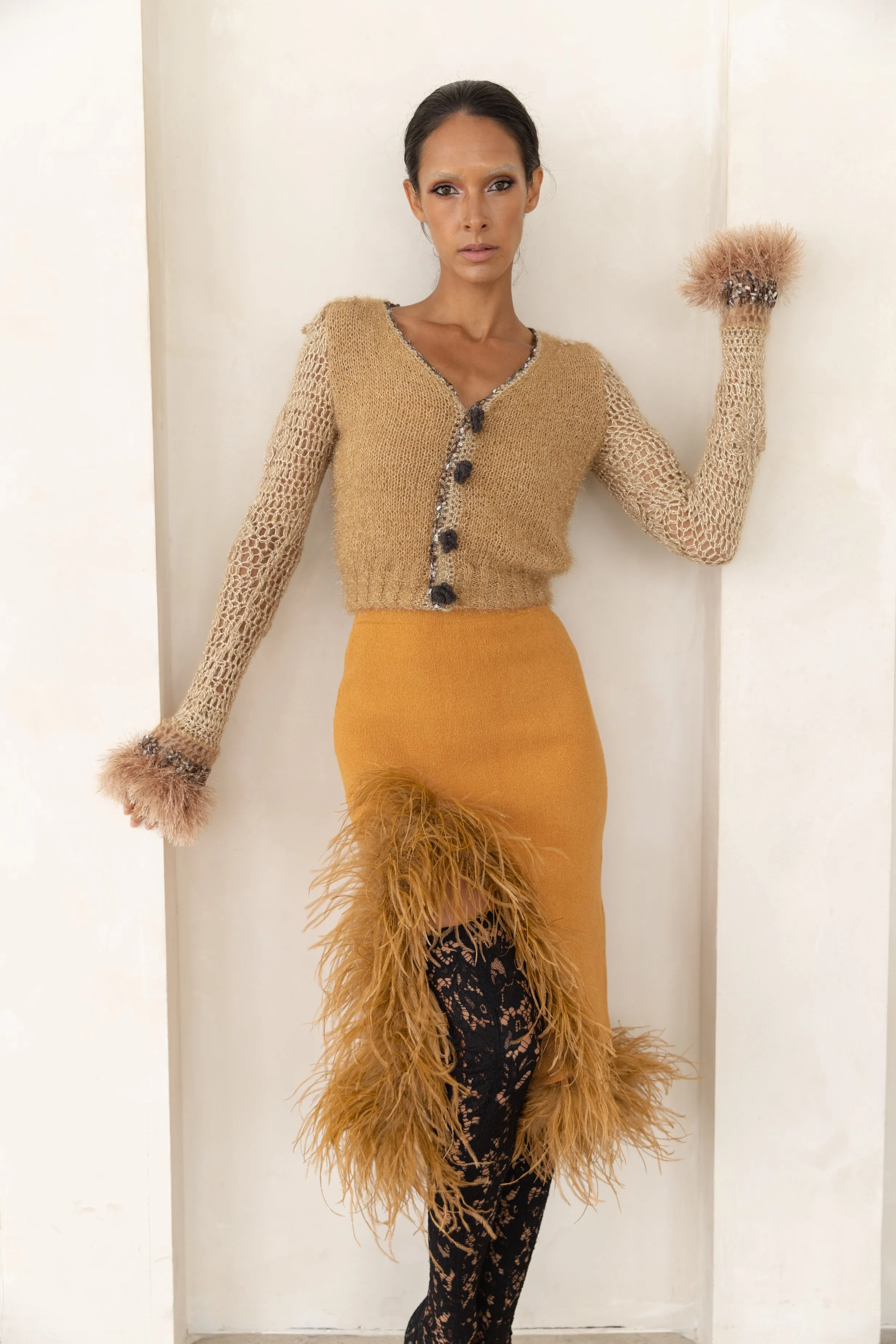 Camel Knit Skirt With Feathers