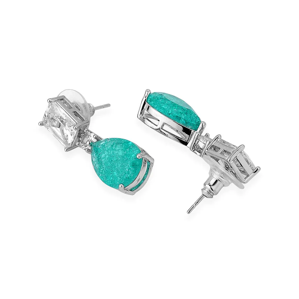 Carlton London Premium Jwlry-Silver & Turquoise Toned Crystals Studded Rhodium-Plated Teardrop Shaped Handcrafted Drop Earrings Fje4115