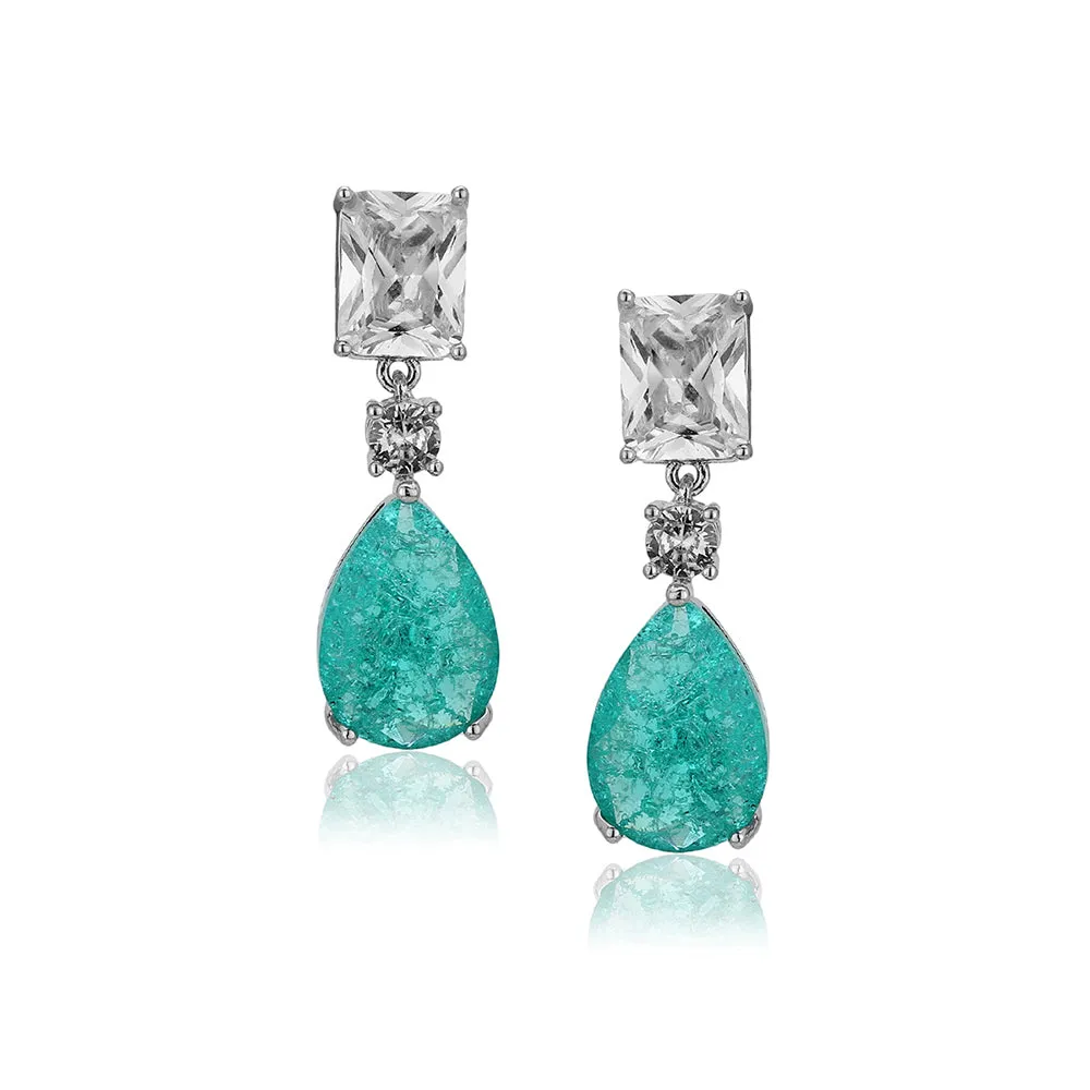 Carlton London Premium Jwlry-Silver & Turquoise Toned Crystals Studded Rhodium-Plated Teardrop Shaped Handcrafted Drop Earrings Fje4115