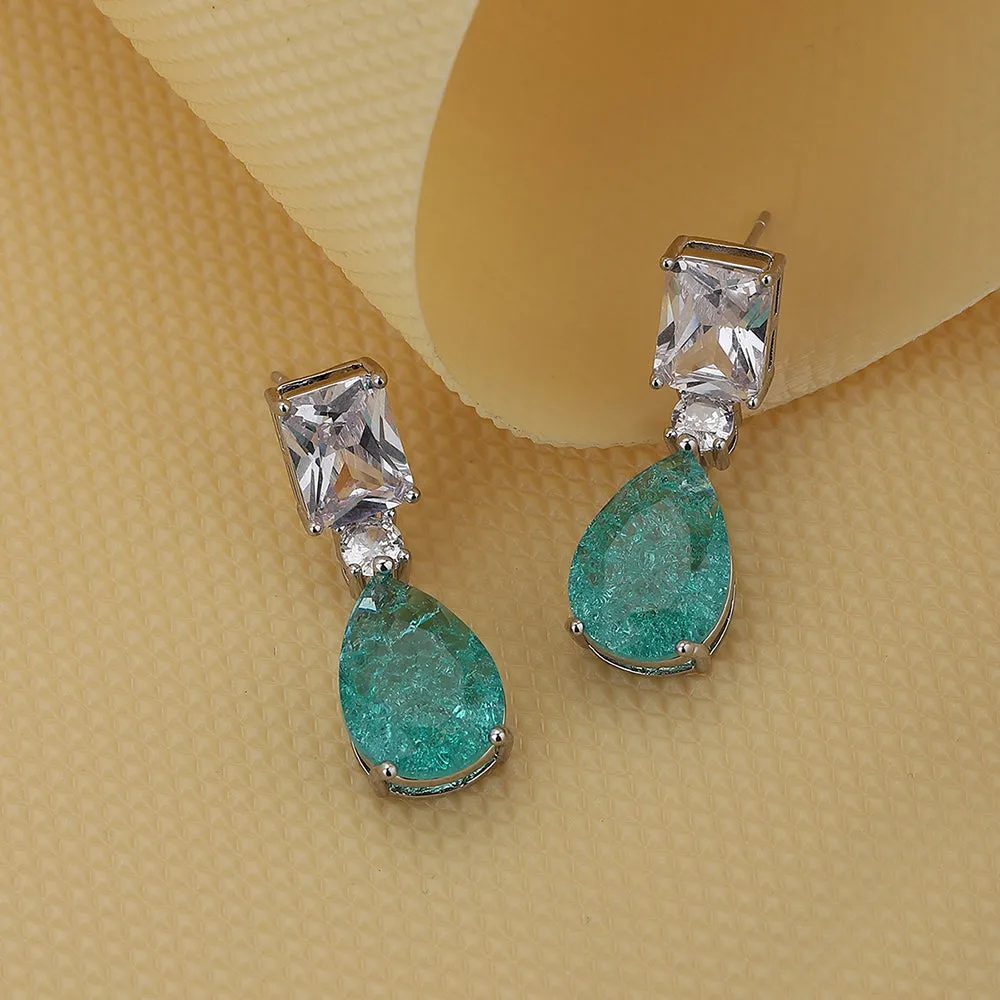 Carlton London Premium Jwlry-Silver & Turquoise Toned Crystals Studded Rhodium-Plated Teardrop Shaped Handcrafted Drop Earrings Fje4115