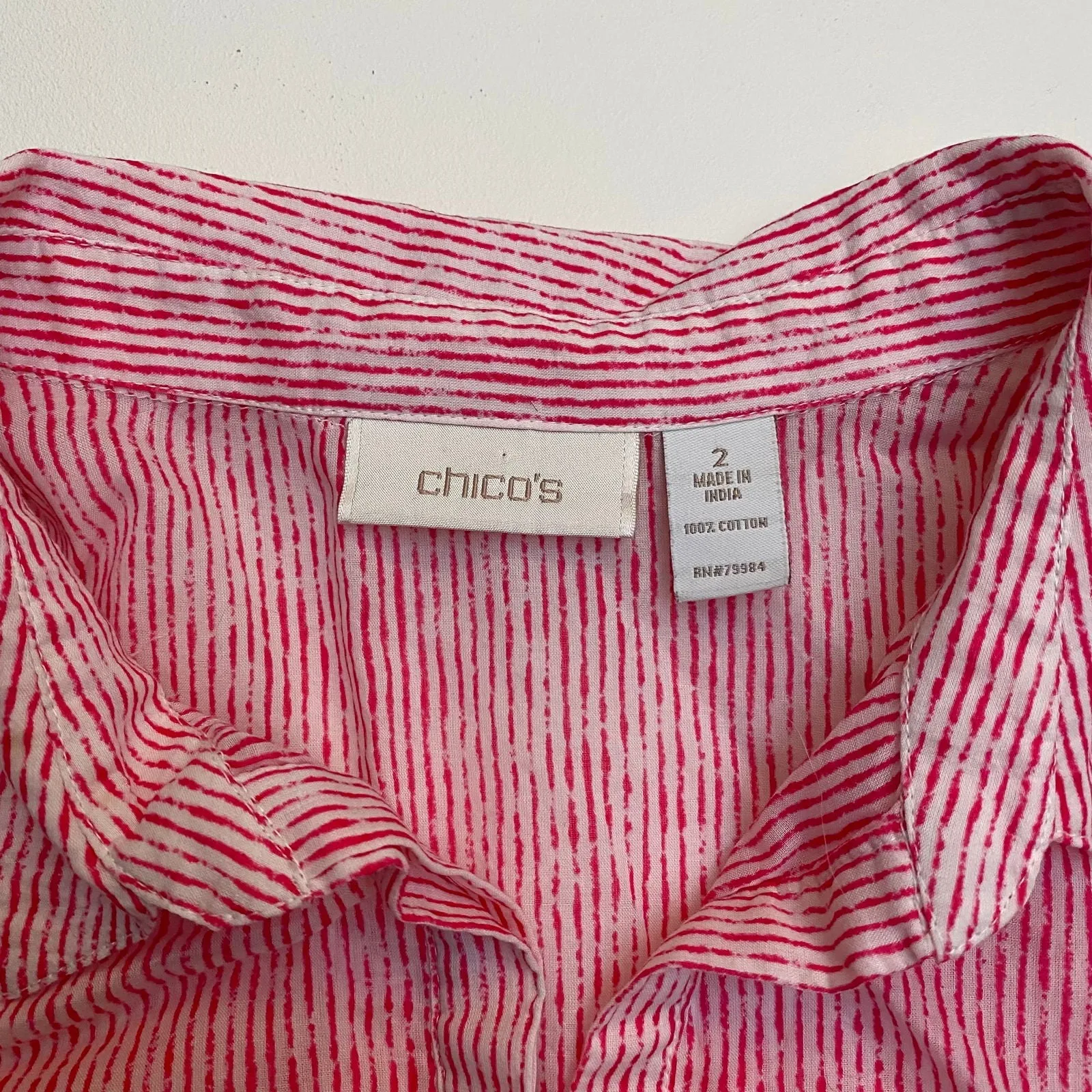 Chicos Linen Top | 2 | Red/White Striped | 3/4 Sleeve Collared | EUC