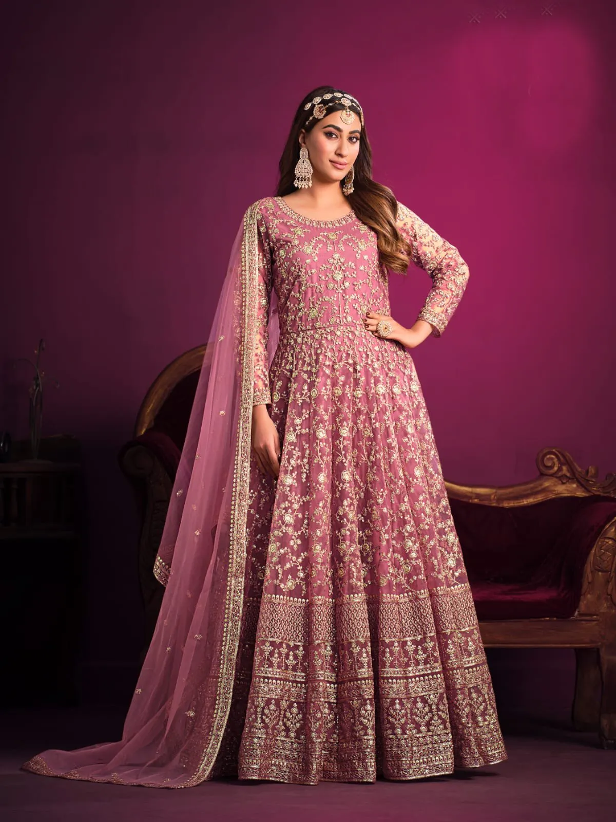 Classy Heavy Embroidered Anarkali Set in Net - Rent