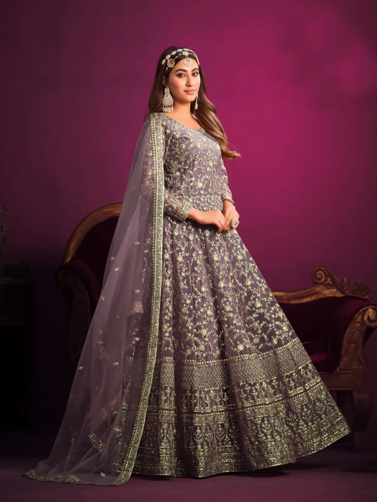 Classy Heavy Embroidered Anarkali Set in Net - Rent