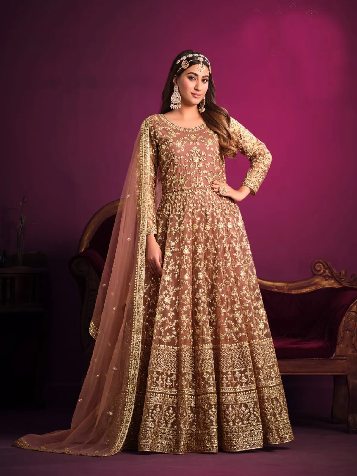 Classy Heavy Embroidered Anarkali Set in Net - Rent