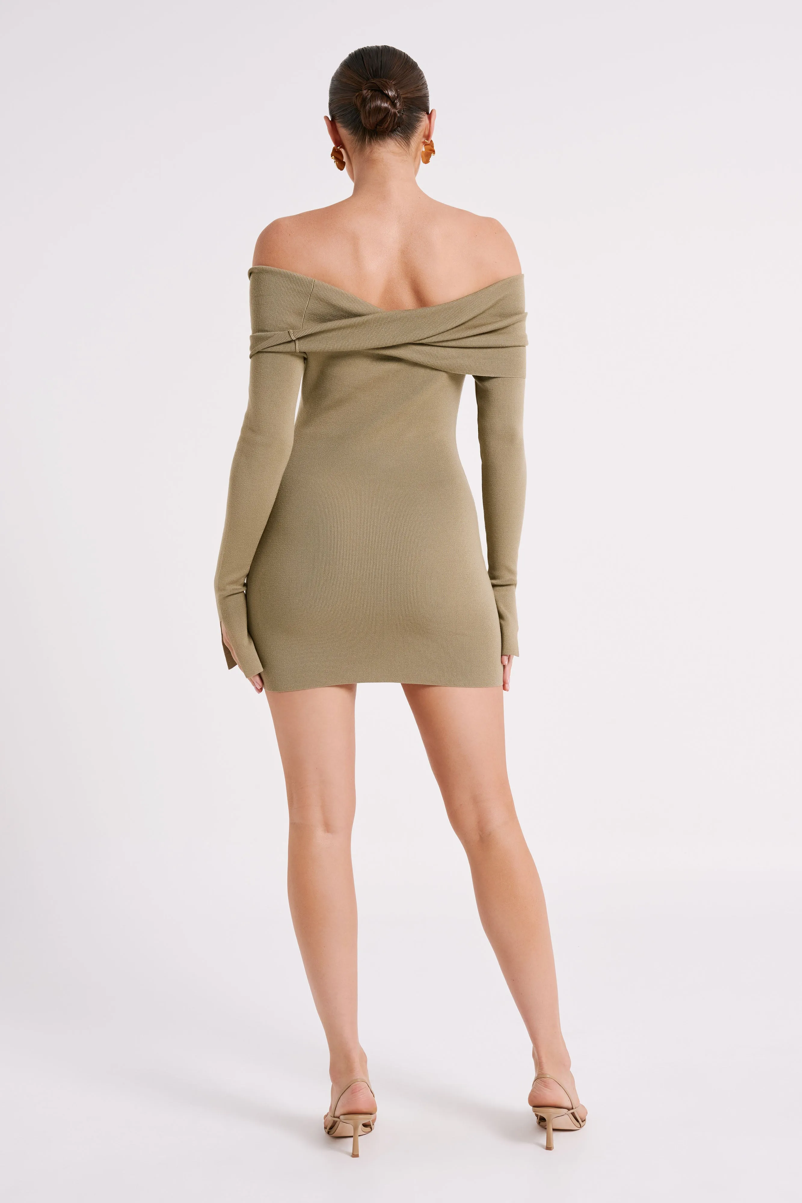 Clover Off Shoulder Knit Mini Dress - Olive