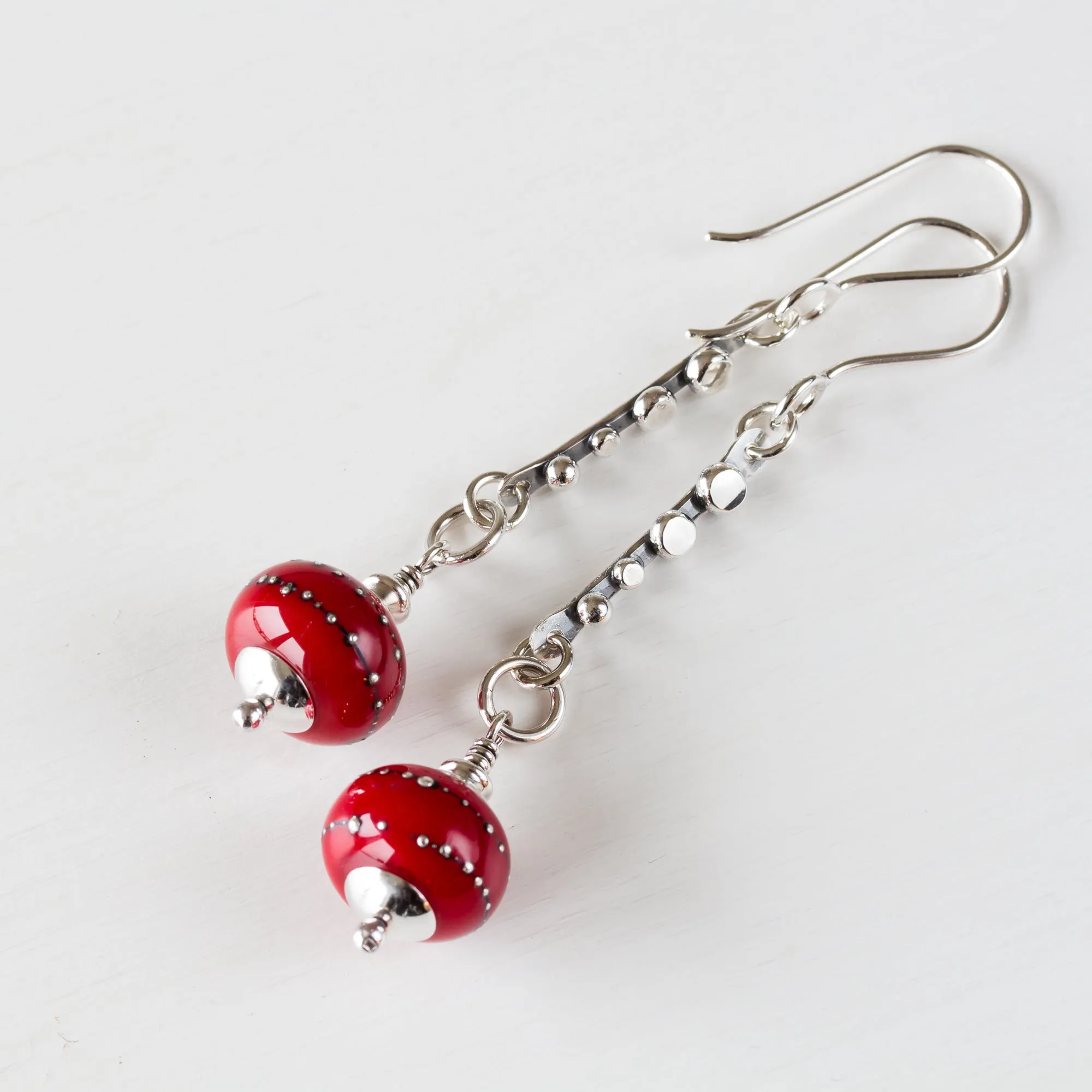 Contemporary Cherry Red Lampwork Earrings, Sterling Silver