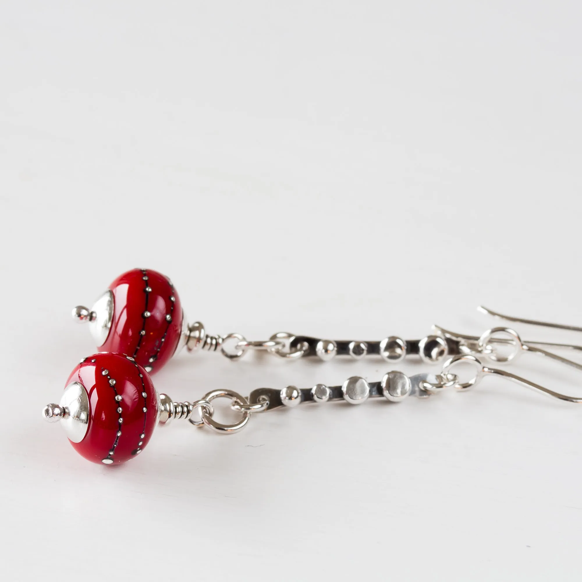 Contemporary Cherry Red Lampwork Earrings, Sterling Silver