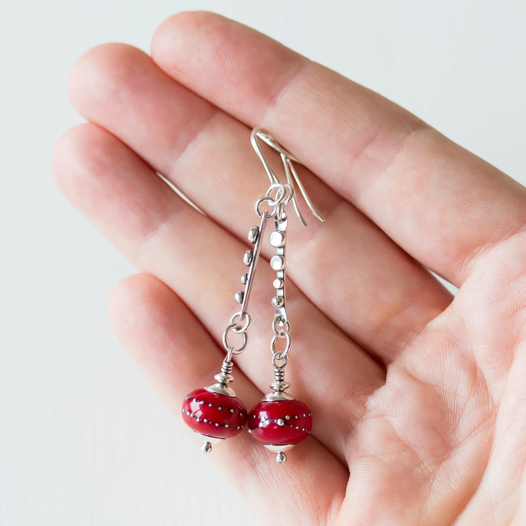 Contemporary Cherry Red Lampwork Earrings, Sterling Silver