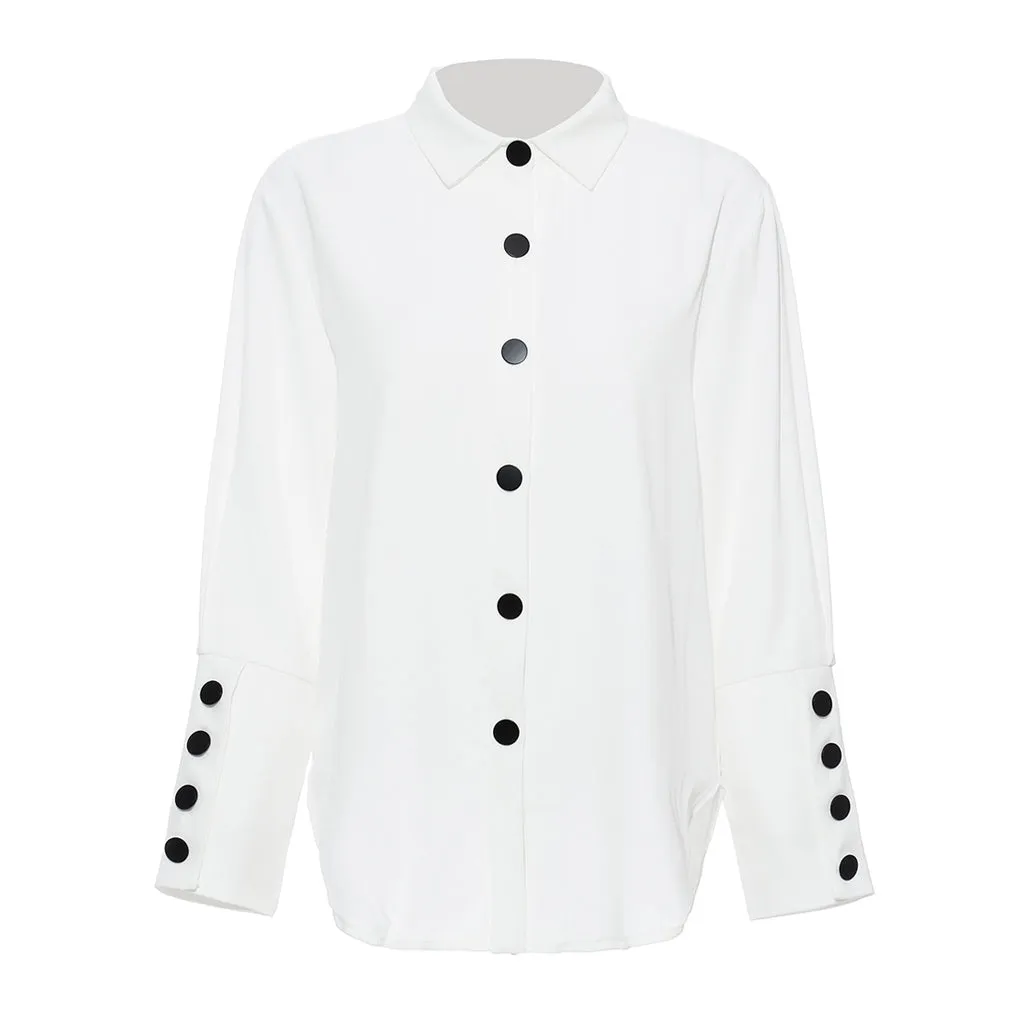 Contrast Belted Folded Collar Long Sleeve Button Down Blouse Matching Set