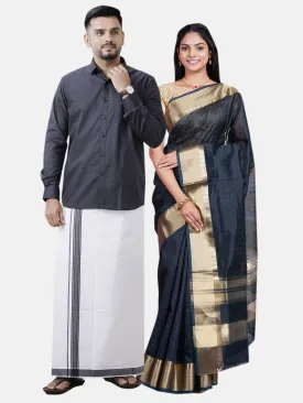 Couple Combo Full Sleeves Shirt Dhoti & Saree Set Black SRS46