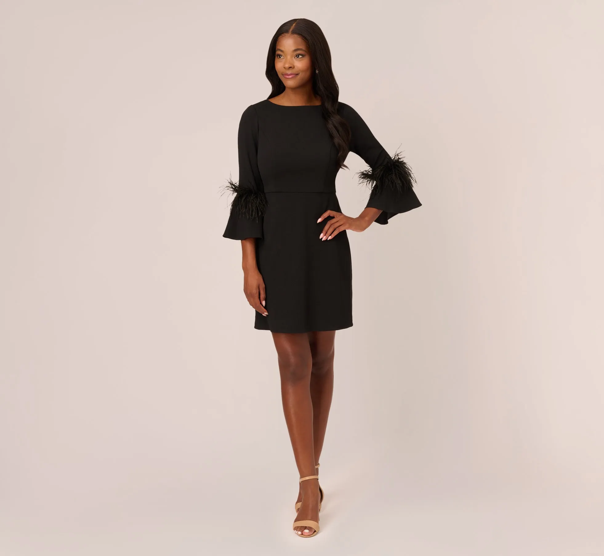 Crepe A-Line Dress With Feather-Trimmed Sleeves In Black