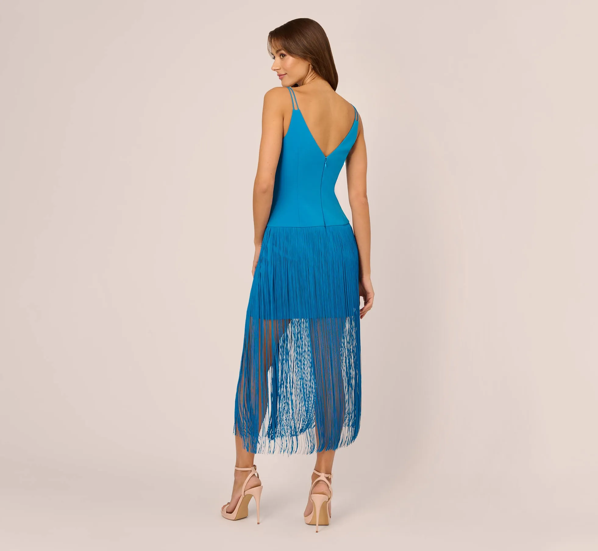 Crepe Fringe Dress With Double Spaghetti Straps And V Back In Deep Cerulean