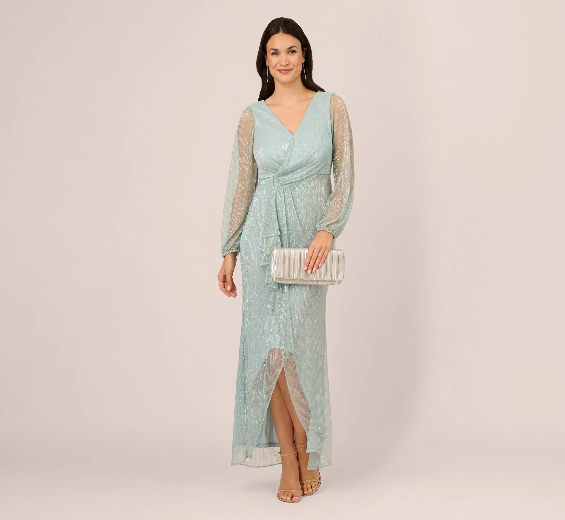 Crinkle Metallic Gown With Sheer Bishop Sleeves And Draped Details In Mint Smoke