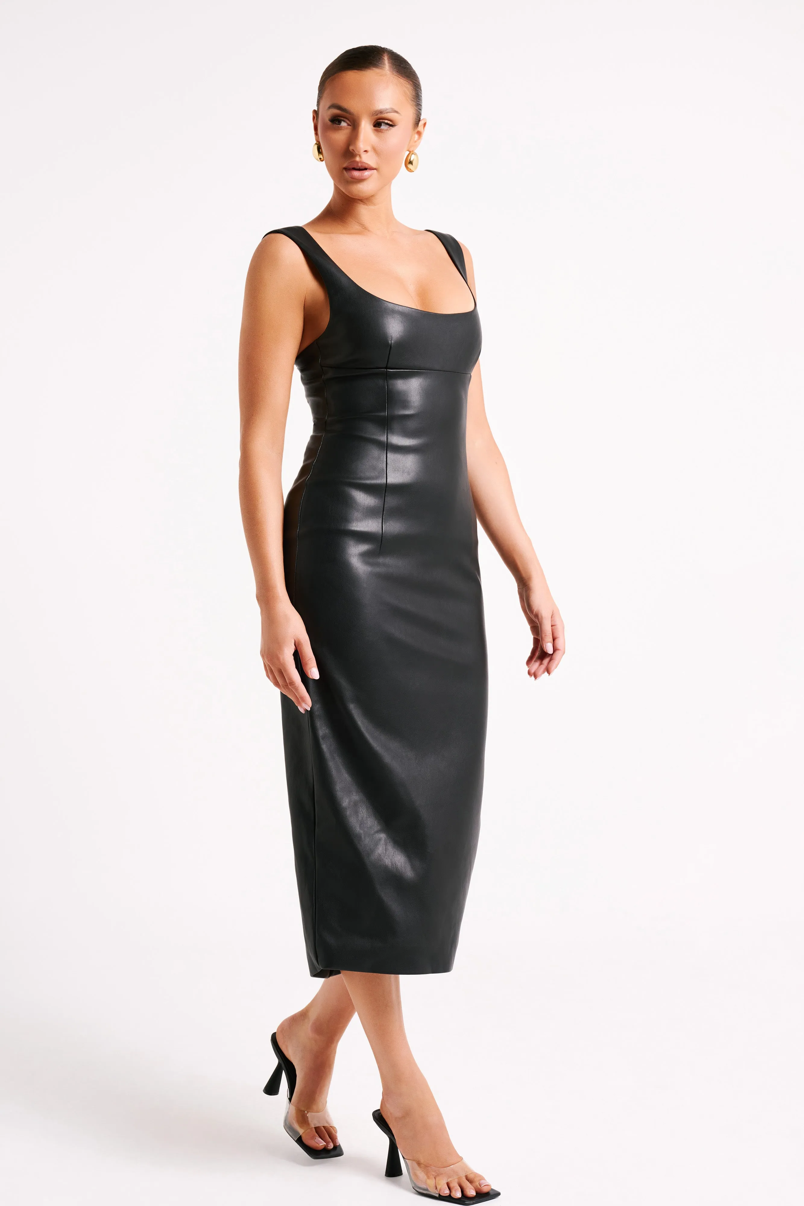 Cynthia Faux Leather Midi Dress - Black