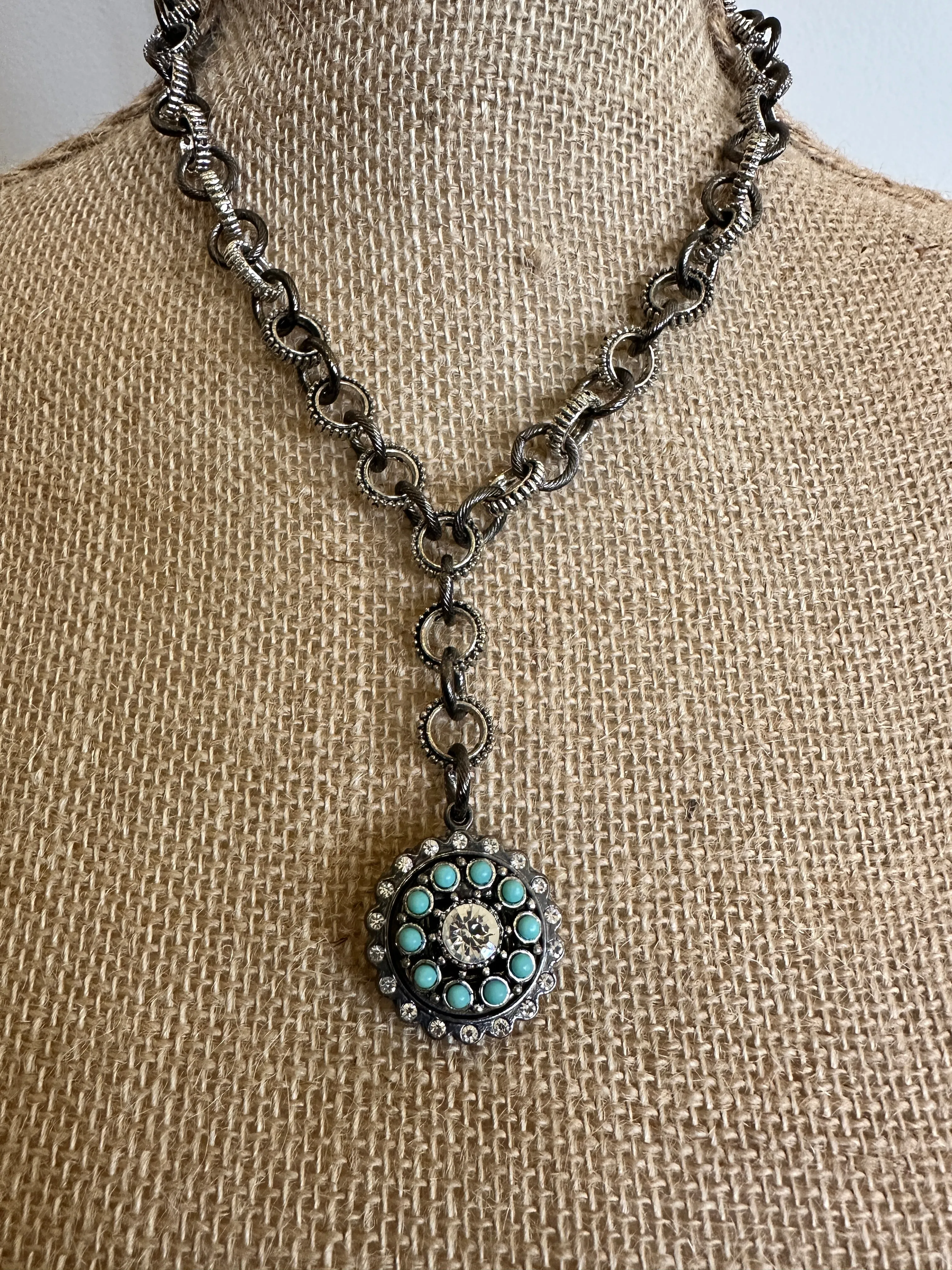 Double Pendant Necklace In Turquoise Sparkle- Amy Kaplan for Bourbon Cowgirl