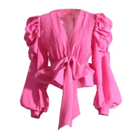 Dramatic Puff Sleeve V Neck Tie Front Pleated Chiffon Peplum Blouse