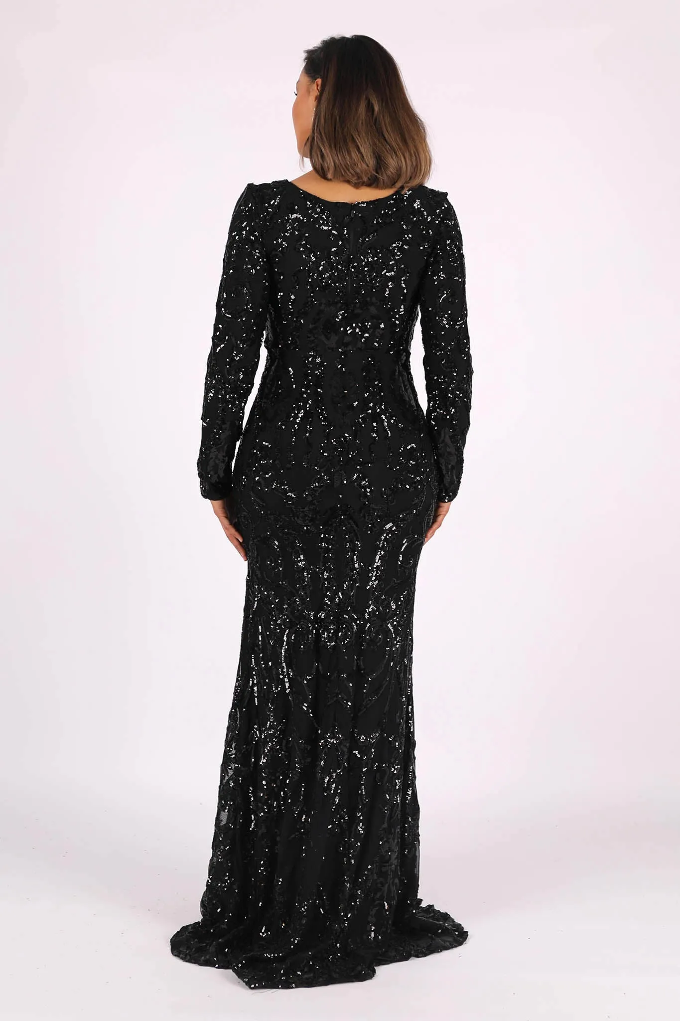 Elena Long-Sleeve Pattern Sequin Gown (NO Train) - Black