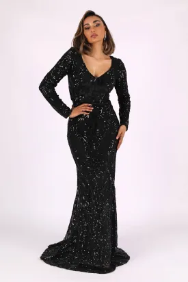 Elena Long-Sleeve Pattern Sequin Gown (NO Train) - Black