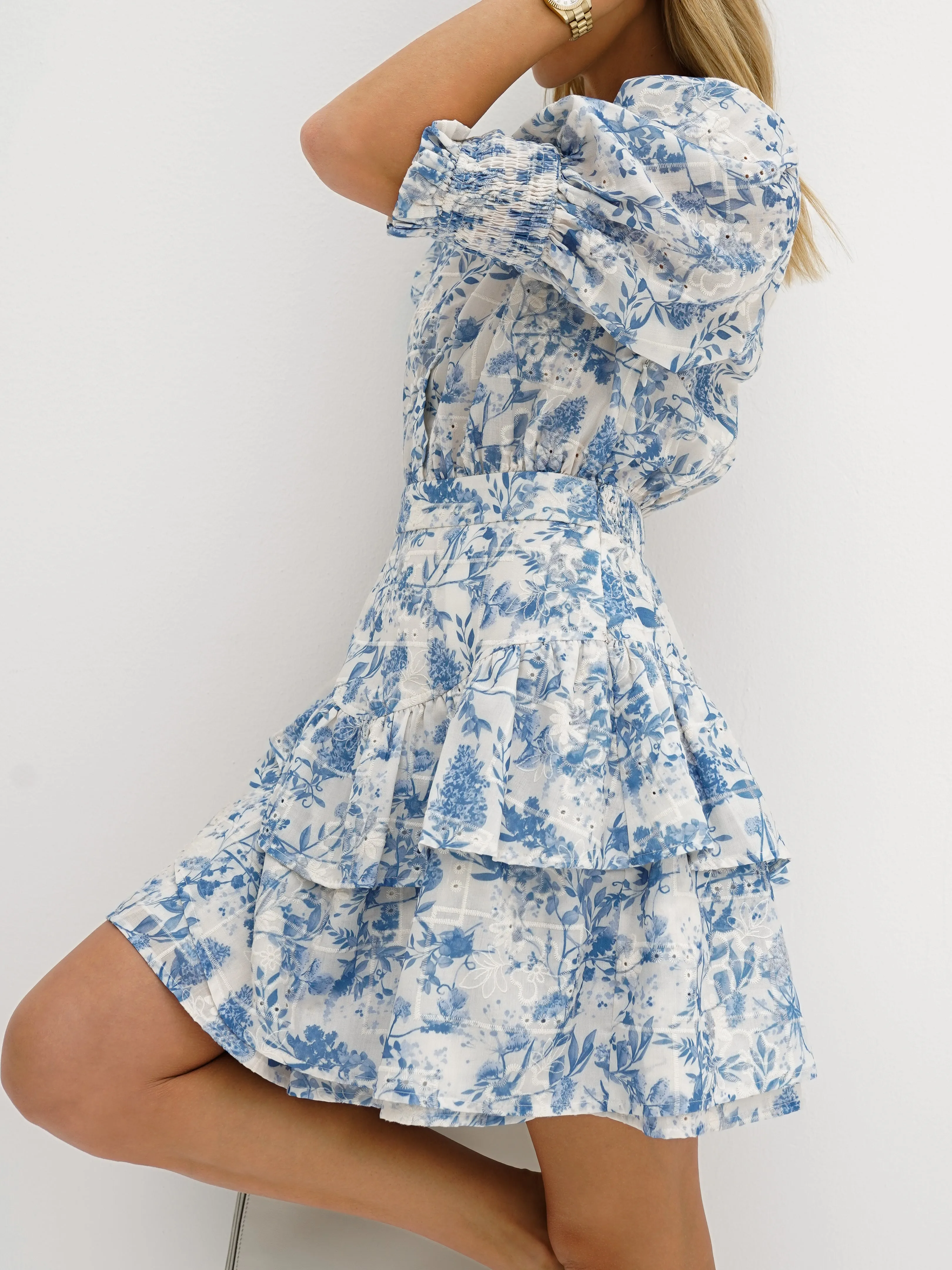 Emily Cotton Tiered Dress | Blue Mix