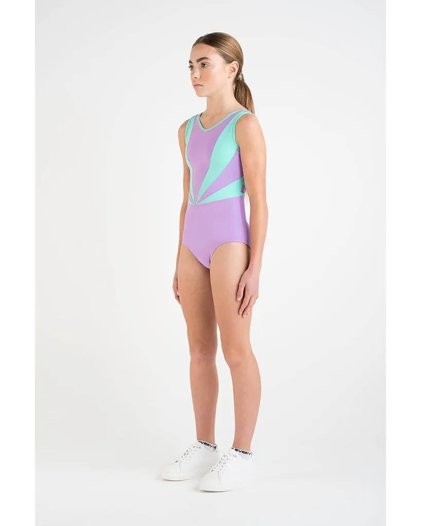 Every Turn Bounce High Colour Block Mesh Back Wide Tank Leotard - Girls - Lavender