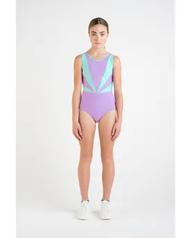 Every Turn Bounce High Colour Block Mesh Back Wide Tank Leotard - Girls - Lavender