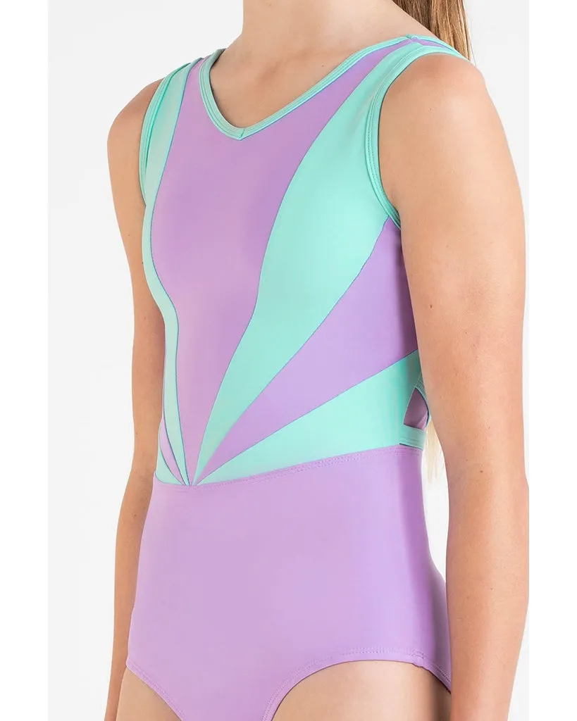 Every Turn Bounce High Colour Block Mesh Back Wide Tank Leotard - Girls - Lavender