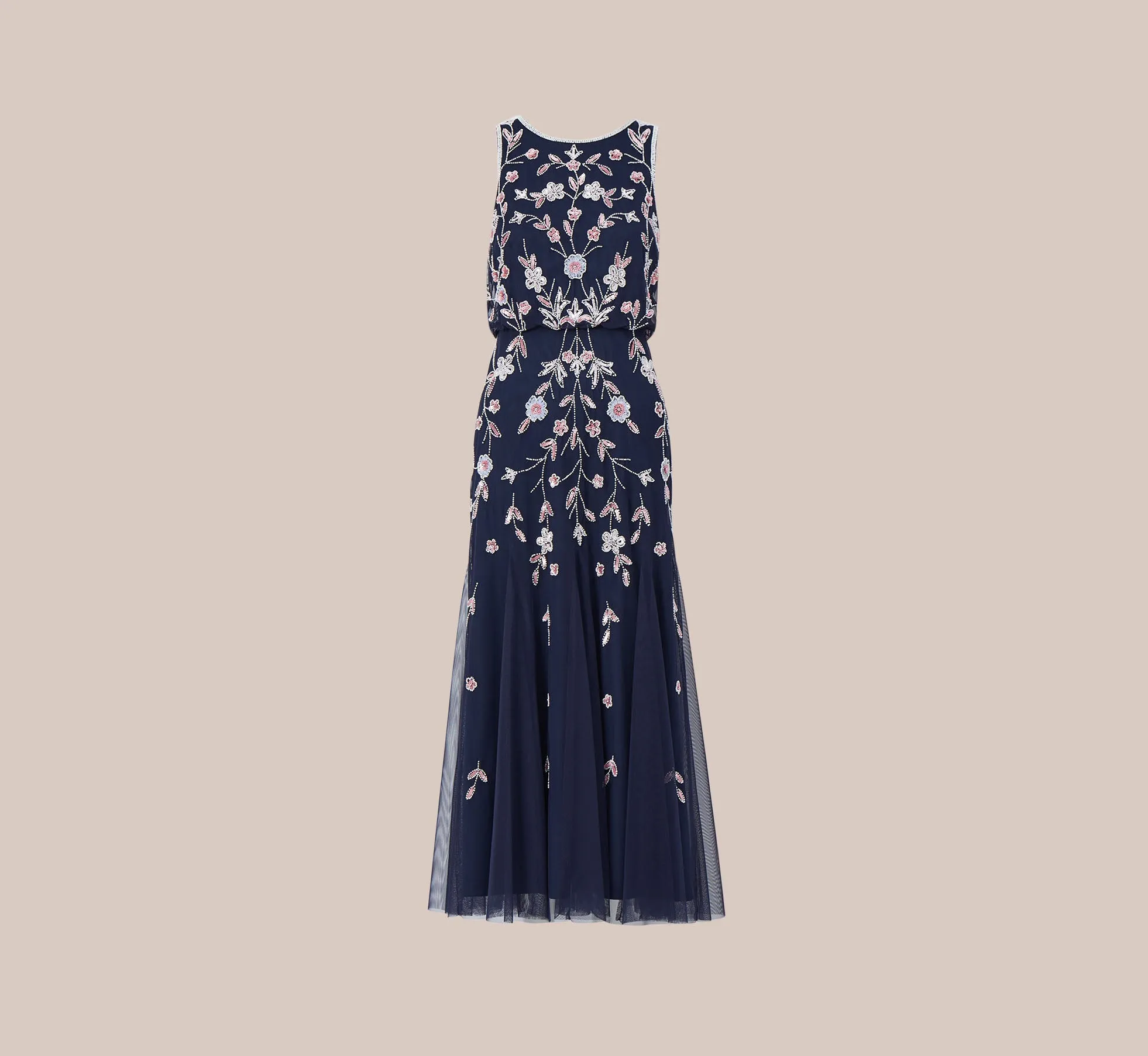 Floral Beaded Blouson Tea Length Dress In Navy Blush