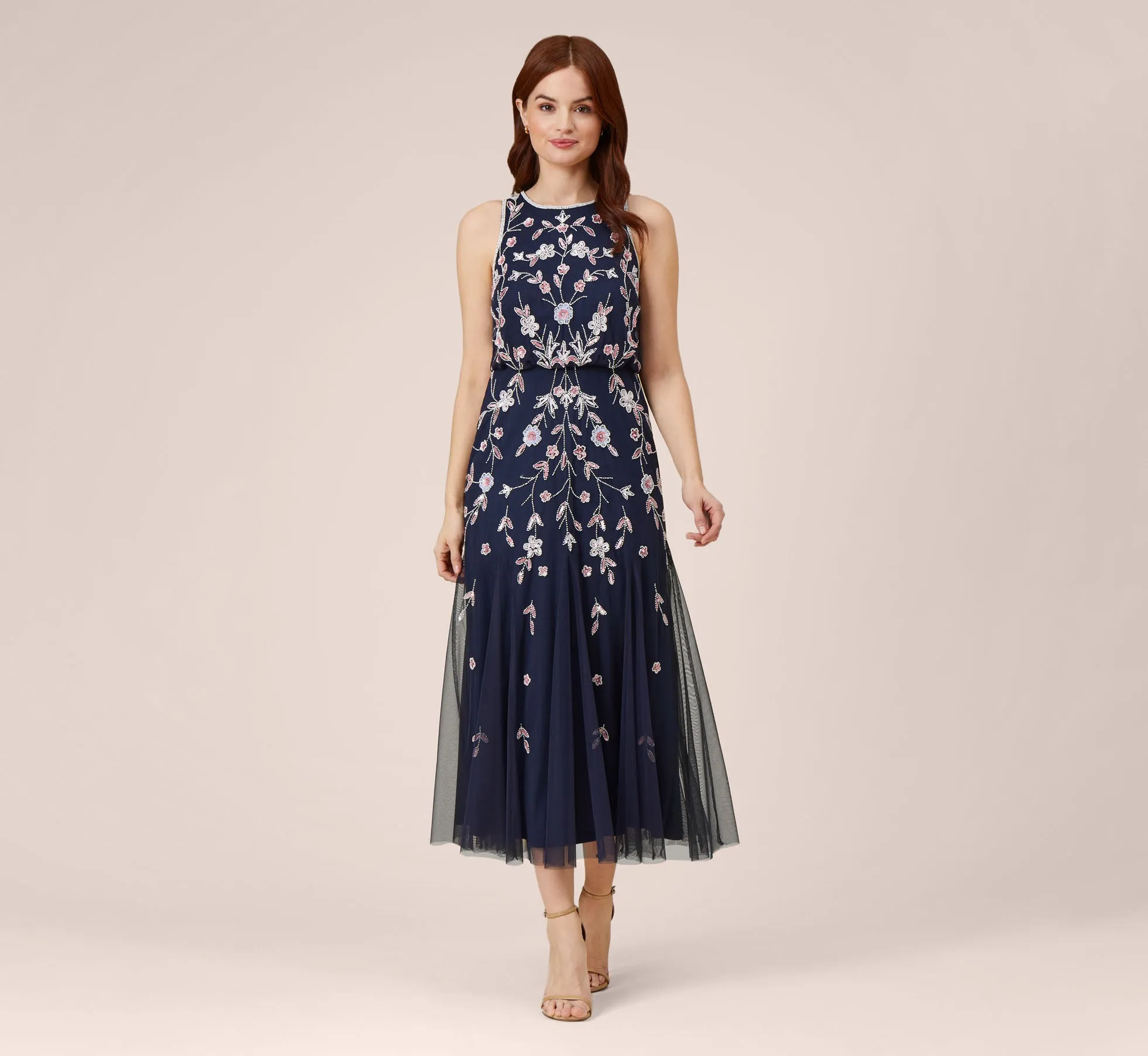 Floral Beaded Blouson Tea Length Dress In Navy Blush