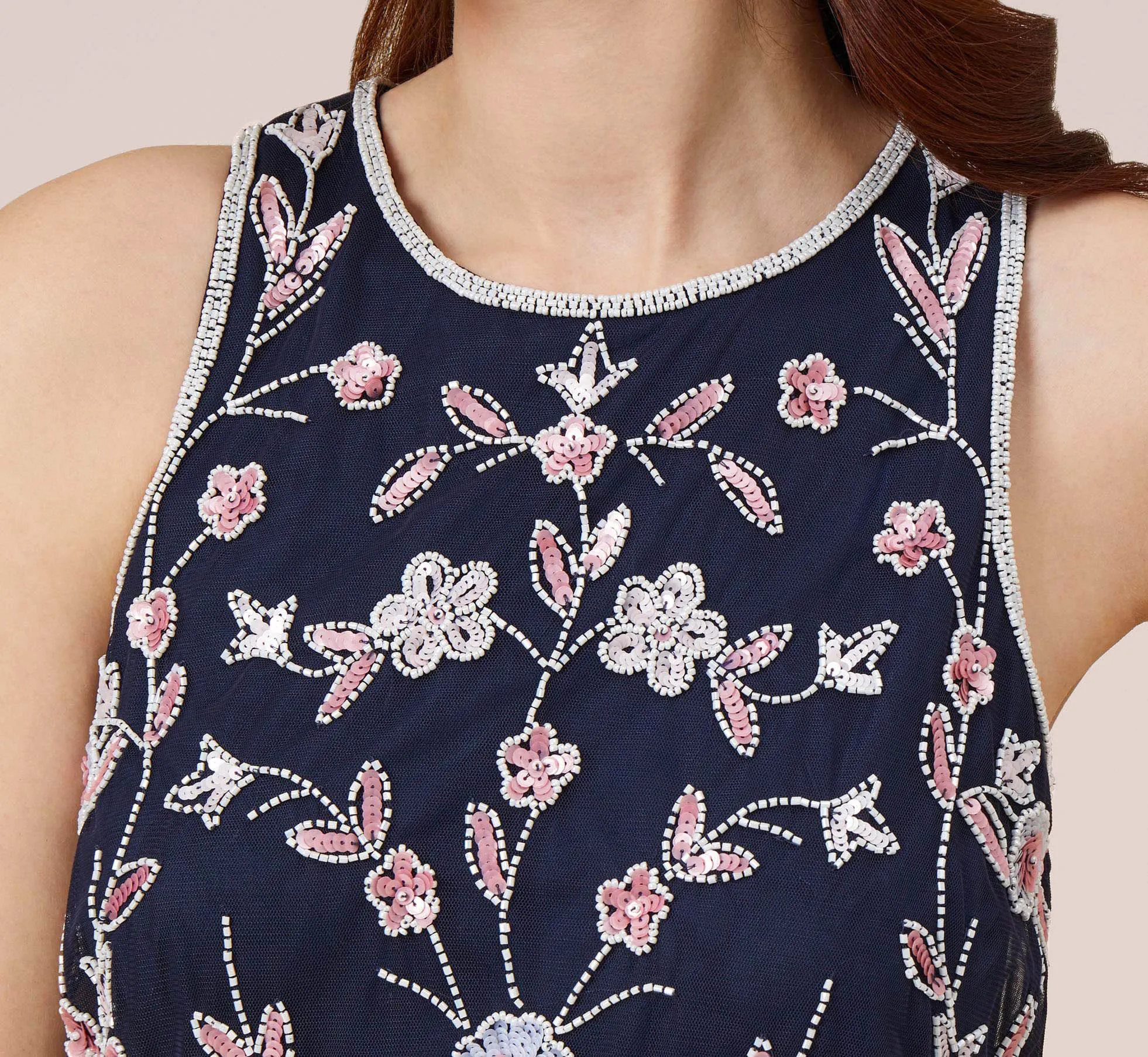 Floral Beaded Blouson Tea Length Dress In Navy Blush