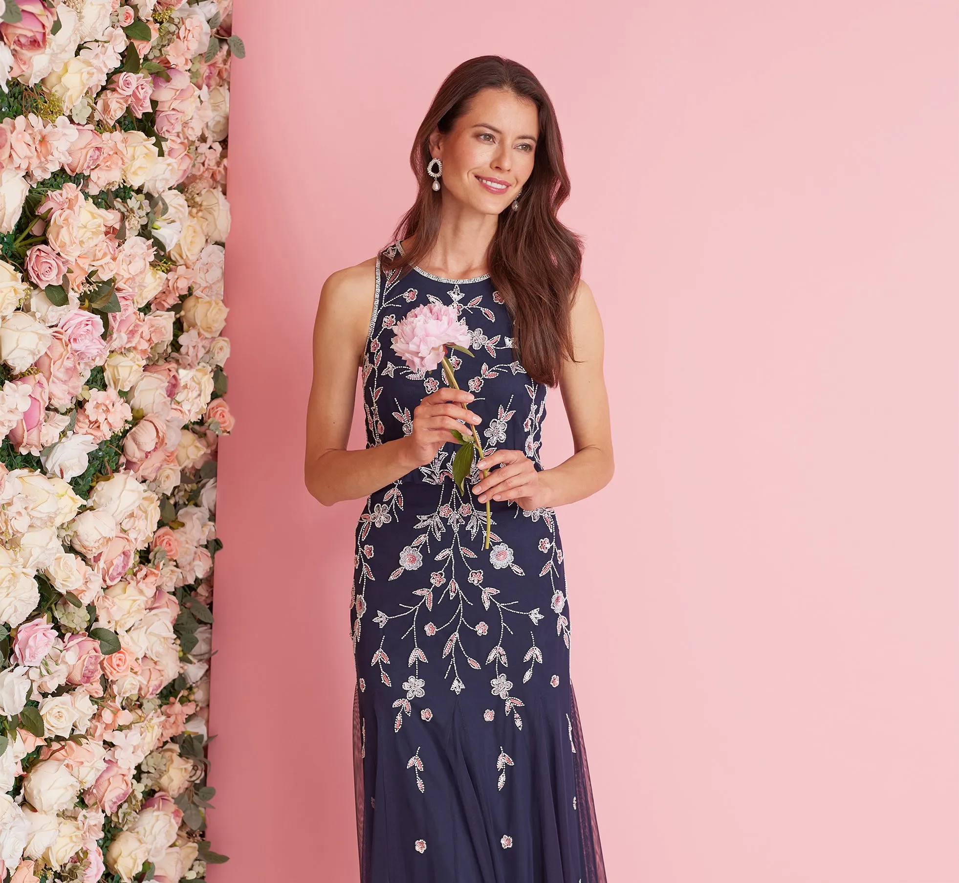 Floral Beaded Blouson Tea Length Dress In Navy Blush